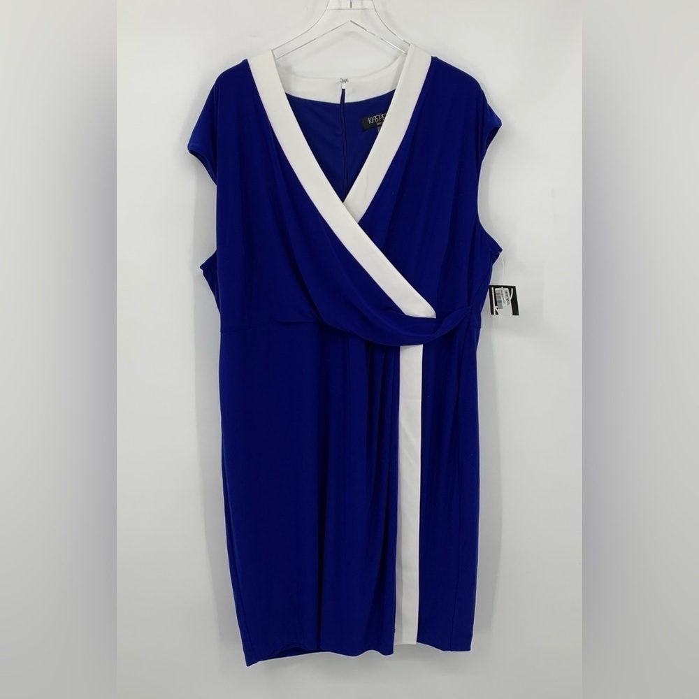 Kasper faux wrap shift dress Royal blue white colorblock jersey stretch new 3X